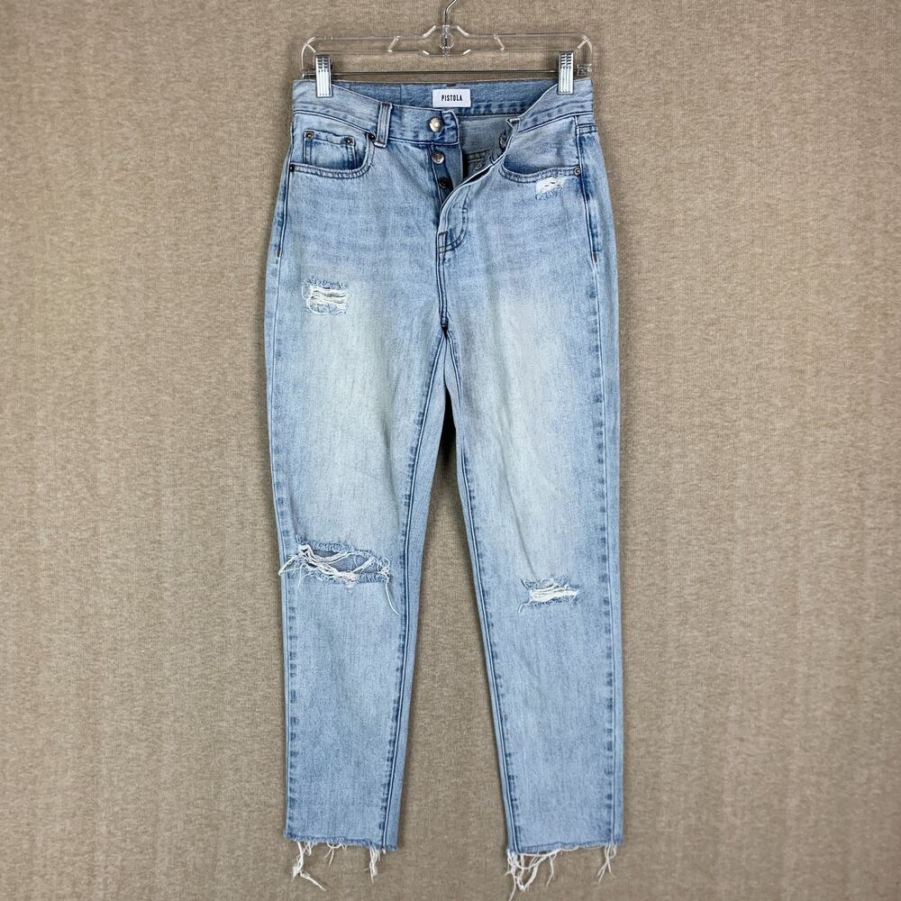 Pistola Nico High Rise Mom Fit Jeans 25 Blue Cloud Nine Denim Distressed Raw Hem
